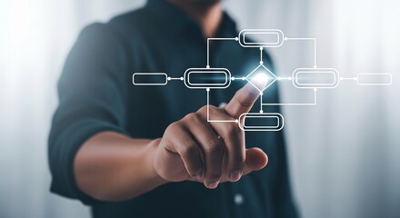 A man interacts with a flow chart using a digital interface, signifying a decision making process.