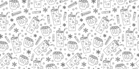 Obraz premium Coffee cup, cocoa. Seamless pattern. Mug with sweets, hot drinks, cinnamon sticks. Winter, snowflakes. Repeating Christmas background. Delicious dessert with marshmallows. Set of drawing, doodle.