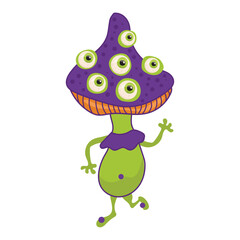 A dancing mushroom with eyes at a Halloween party. A strange and unusual mushroom with arms. Hand-drawn vector card for stickers, scrapbook, and decor.