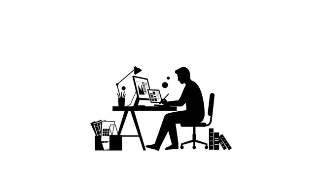 Creative designer working on a digital project with a pen and computer creating stunning visuals in a modern workspace with books and tools