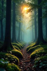Tranquil Dawn Forest Soft Sunlight Filters Through Dense Canopy, Casting Long Shadows on Mossy Forest Floor