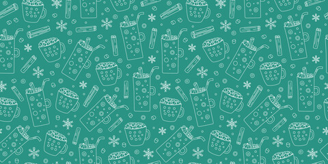 Coffee cup, cocoa pattern. Mug with sweets, hot drinks, cinnamon sticks. Winter, snowflakes. Repeating Christmas background. Delicious dessert with marshmallows. Set of drawing, doodle.