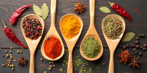 Colorful Variety of Spices in Wooden Spoons on Dark Table Surface