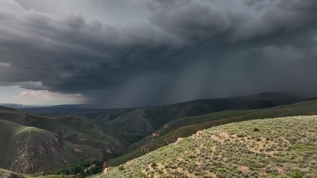 Dramatic landscape: Storm clouds and rain over rolling hills, creating a dynamic nature scene.