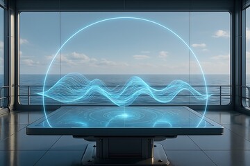 Envision futuristic tech innovation with this sleek interface displaying vibrant data waves against a calming ocean backdrop, perfect for conveying cutting-edge technology concepts