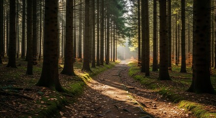 Fototapeta premium Sunlit Forest Path - A Serene Walk Through Tall Trees and Golden Light.
