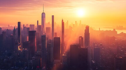 Fototapeta premium Golden hour cityscape with tall skyscrapers and warm sunlight