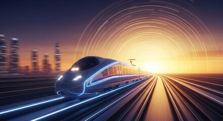Sleek, futuristic train speeds along illuminated tracks at twilight, city in background