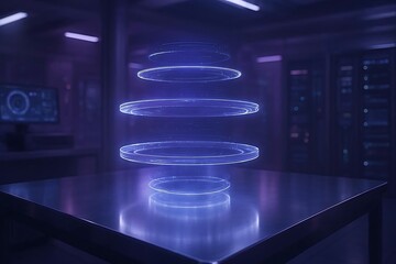 Step into the future with this mesmerizing display of glowing rings hovering above a sleek table in a high-tech lab, perfect for innovative tech concepts and futuristic designs
