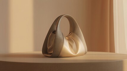 Elegant Abstract Sculptural Handbag with Smooth Curves and Minimalist Design, Displayed on a Beige Pedestal under Soft Warm Natural Lighting in a Modern Interior Setting