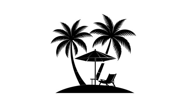 A monochromatic illustration depicts a tropical scene with palm trees, an umbrella, a chair, and a small table on a tiny island