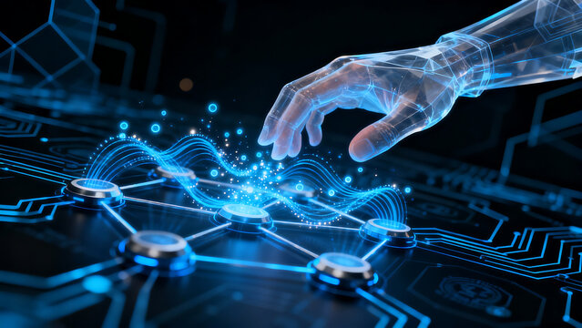 Abstract glowing blue network structure connected by a futuristic digital hand