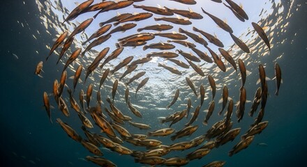 Underwater view of a large school of fish swimming in a circular formation, creating a mesmerizing natural pattern against the water surface.