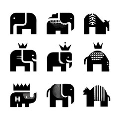 Nine stylized black elephants in a 3x3 grid