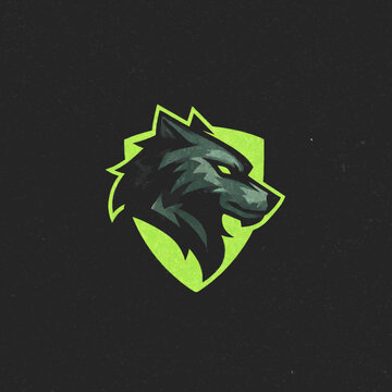 Stylized fierce wolf head mascot logo with glowing green eyes on a vibrant neon green shield, perfect for gaming and esports teams