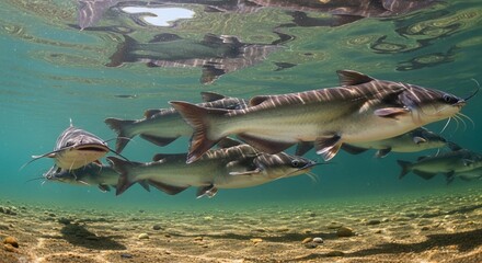 Underwater view of a school of catfish swimming in clear freshwater, showcasing their natural habitat and behavior.