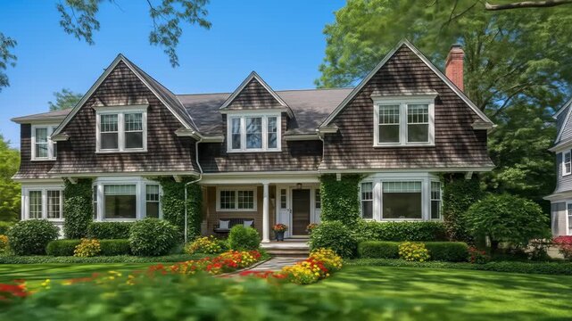 Lavish two-story house featuring dormers, cedar shake siding, flowerbeds and a green lawn on a sunny day