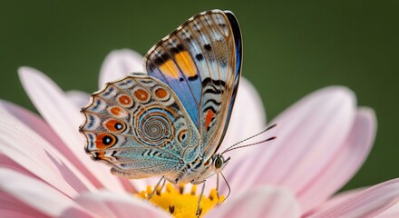 Vibrant Butterfly Perched Delicately on a Pink Daisy Flower.