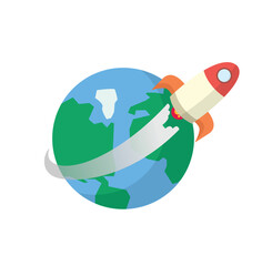 Rocket Flying Around Planet Earth with a White Background