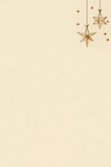Modern minimalist Christmas card with a soft beige background, a single delicate golden star ornament suspended in the center, its intricate details and subtle shine catching the light