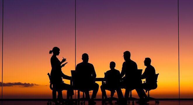 Dynamic team strategizing at sunset meeting with vibrant sky view, professional collaboration in modern office, business success, leadership and teamwork