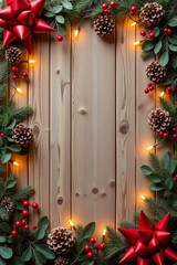 Rustic wood background with warm tones and visible grain, Christmas decorations such as twinkling string lights, pinecones, and red berries arranged artfully around the perimeter