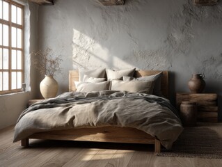 A bed with a white comforter and pillows