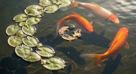 Vibrant Goldfish Swimming Gracefully Among Green Water Lilies in a Serene Pond.