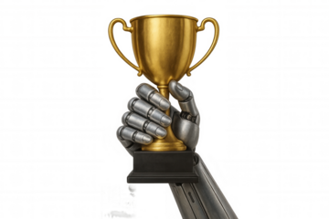Robot hand holding golden trophy representing artificial intelligence achievement and technological success