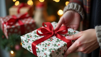 Vividly capturing the essence of the holiday season, a pair of hands expertly wrap Christmas gifts in a charming small business shop. The fingers work swiftly, creating elegantly tied ribbons and beau
