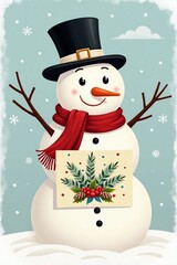 Snowman with a bright red scarf wrapped around its neck and a classic black top hat adorned with a white band and golden buckle, holding a rectangular greeting card with a festive holiday design