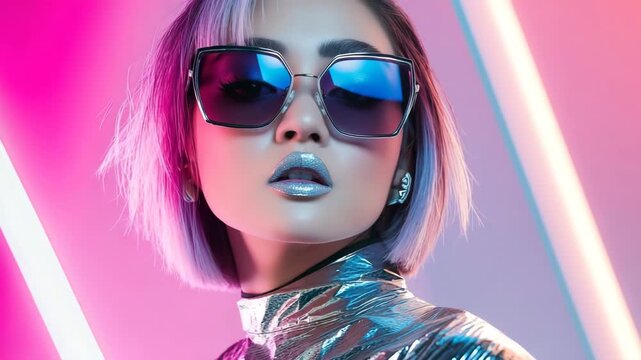 Portrait of futuristic model in silver outfit, perfect for space-themed fashion and cosmic style visuals.