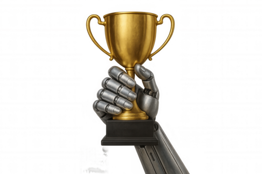 Robot hand holding golden trophy representing artificial intelligence achievement and technological success - Powered by Adobe