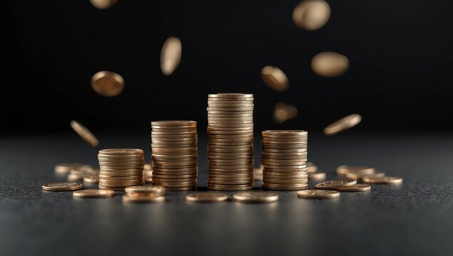 Stacked gold coins and falling money on dark background, concept of finance, investment, savings, banking and economic growth. - Powered by Adobe