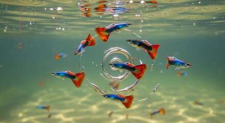 Vibrant Guppy Fish Swimming in Clear Freshwater Aquarium.