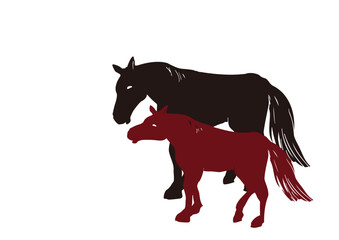 馬の親子のシルエット・赤と黒