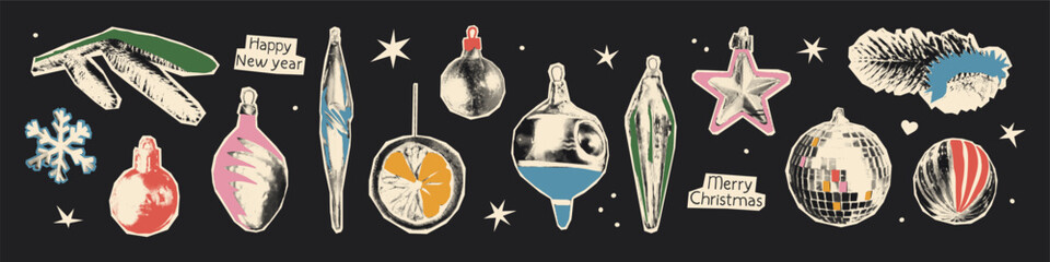 Christmas ornaments halftone art collage cut outs set. Vintage baubles, icicles, stars, pine branches with dotted texture and doodles. Modern retro grunge mixed media vector illustration © ugguggu