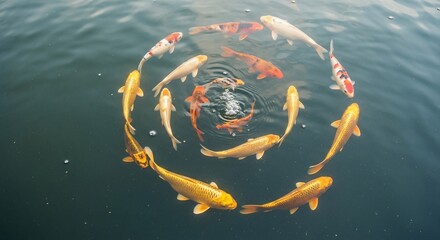 Vibrant Koi Fish Swirling in a Pond, Creating a Mesmerizing Circular Pattern.