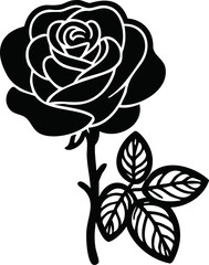 Single rose flower on stem with leaves, black and white botanical vector illustration, elegant floral line art for minimalist natural design with copy space
