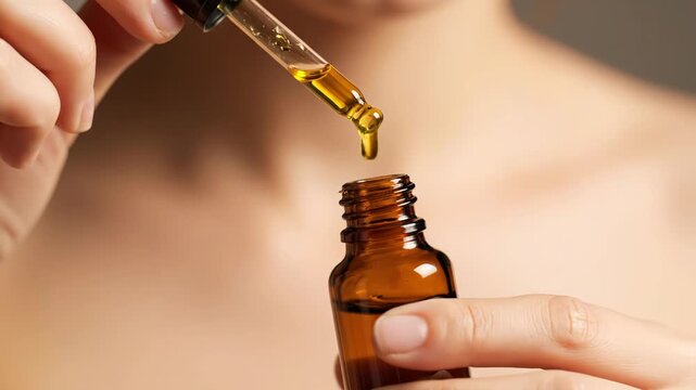 Closeup of hands holding a brown glass dropper bottle, preparing to apply skincare serum or essential oil for beauty treatment vector illustration