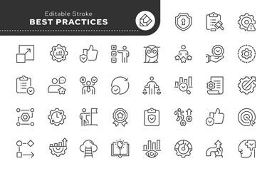 Best practices line icon set. Expertise, methodology, safety, efficiency, optimization, standards, quality, workflow, benchmark and more. Outline icon in linear style. Vector collection.	