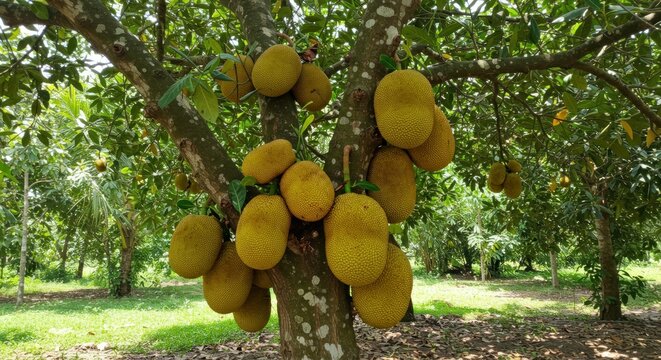Jackfruit tree laden with ripe yellow fruits in a sunlit orchard