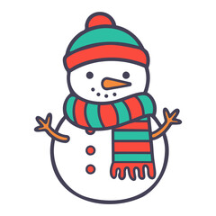 Illustration of a cheerful snowman with a striped scarf and a matching winter hat design element
