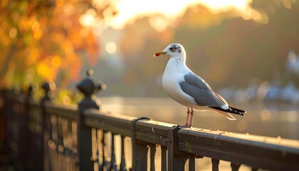 A lone seabird, perched atop a black railing, is bathed in the warm glow of the golden hour. Autumn foliage provides the backdrop