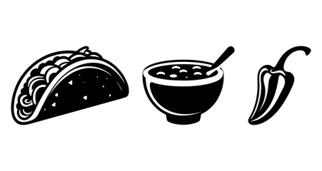 Mexican Food Vector Illustration Taco Bowl and Chili Pepper Black and White Outline Drawing Traditional Cuisine Restaurant Icon Design Clipart