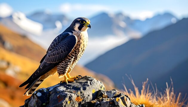 A majestic bird of prey perches atop a rock with rugged mountain range background. Crisp details capture its striking plumage and focused gaze - Powered by Adobe