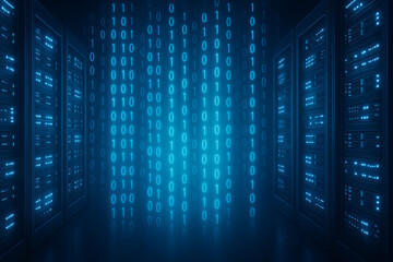 Blue neon digital background with data matrix and technology concept