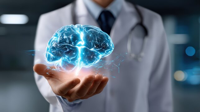 Doctor Presenting Digital Brain Interface in Hand