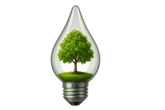 Tree growing inside a light bulb symbolizing green energy and sustainability