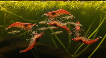 Vibrant Red Cherry Shrimp and Small Fish in a Lush Freshwater Aquarium.